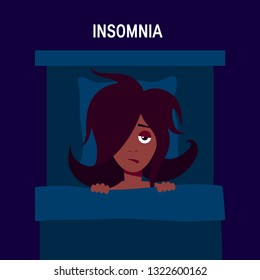 Insomnia vector concept. Template for posters, web banners, articles, infographics etc. Black girl lying in the bed and trying to sleep