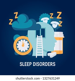 Insomnia vector concept. Template for posters, web banners, articles, infographics etc. Design with human head, sleeping pills, alarm, clouds and sheeps.
