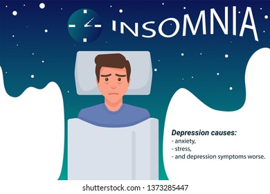 Insomnia vector illustration with blue night sky and white space for text. A man lying with sleepless face.