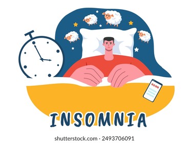 Insomnia Vector Illustration Featuring Young People Unable to Sleep, Lying Awake and Thinking with Eyes Open at Night in a Bedroom in Flat Cartoon