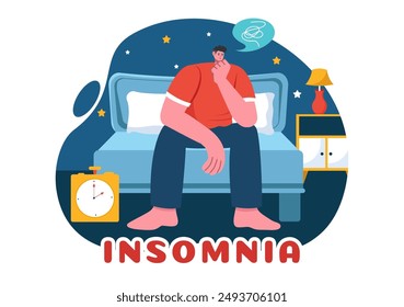 Ilustración vectorial de insomnio con Personas jóvenes incapaces de dormir, acostadas despiertas y pensando con los ojos abiertos por la noche en un dormitorio en dibujos animados planos