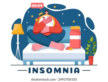 Insomnia Vector Illustration Featuring Young People Unable to Sleep, Lying Awake and Thinking with Eyes Open at Night in a Bedroom in Flat Cartoon