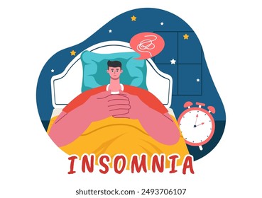 Ilustración vectorial de insomnio con Personas jóvenes incapaces de dormir, acostadas despiertas y pensando con los ojos abiertos por la noche en un dormitorio en dibujos animados planos