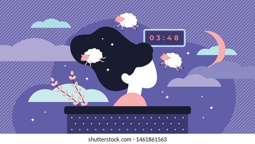 Insomnia vector illustration. Flat tiny sleep time problems persons concept. Abstract sleeplessness disorder visualization. Psychological stress caused low energy, irritability, and a depressed mood.