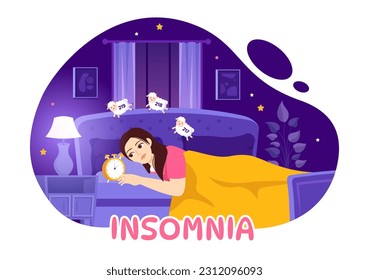 Insomnia Vector Illustration with Young People Unable to Sleep, Thinking and Eyes Open at Night Bedroom in Flat Cartoon Hand Drawn Templates