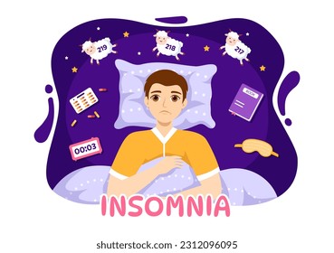 Insomnia Vector Illustration with Young People Unable to Sleep, Thinking and Eyes Open at Night Bedroom in Flat Cartoon Hand Drawn Templates