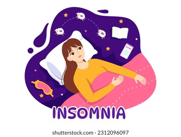 Insomnia Vector Illustration with Young People Unable to Sleep, Thinking and Eyes Open at Night Bedroom in Flat Cartoon Hand Drawn Templates