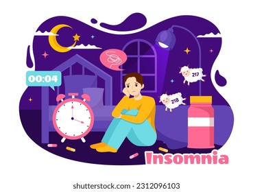 Insomnia Vector Illustration with Young People Unable to Sleep, Thinking and Eyes Open at Night Bedroom in Flat Cartoon Hand Drawn Templates