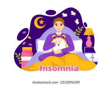 Insomnia Vector Illustration with Young People Unable to Sleep, Thinking and Eyes Open at Night Bedroom in Flat Cartoon Hand Drawn Templates
