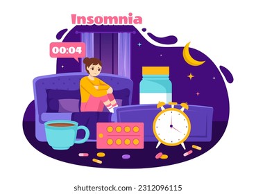 Insomnia Vector Illustration with Young People Unable to Sleep, Thinking and Eyes Open at Night Bedroom in Flat Cartoon Hand Drawn Templates