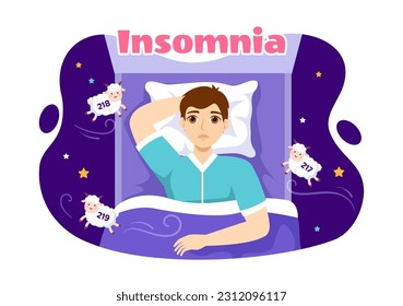 Insomnia Vector Illustration with Young People Unable to Sleep, Thinking and Eyes Open at Night Bedroom in Flat Cartoon Hand Drawn Templates