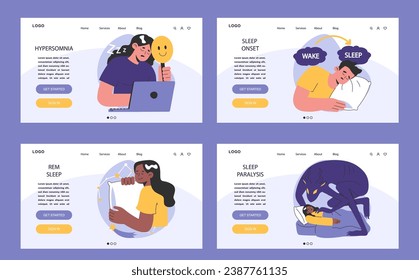 Insomnia web or landing set. Diverse characters suffering from sleep deprivation. Sleep and mental disorder. Sleep hygiene and stages. Circadian rhythm maintaining. Flat vector illustration.