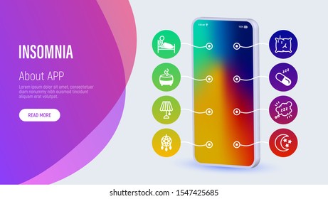 Insomnia web page template with copy space. Mobile app on smartphone with thin line icons: Alarm clock, sleeping mask, comfortable pillow, dreamcatcher, earplug, aroma diffuser. Vector illustration