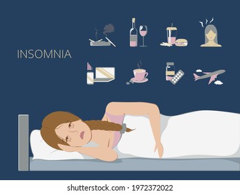 Insomnia. Woman in bed with open eyes in darkness night room. Reasons of insomnia electronic devices, cigarette, coffee, alcohol, stress, depression, jet lag, heavy meal, sedentary lifestyle