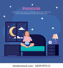 insomnia woman in bedroom with pillow and clock design, sleep and night theme Vector illustration