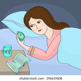 Insomnia. Woman can not sleep and looking at the alarm-clock