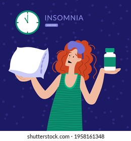 Insomnia. The woman cannot sleep. Female character suffers from insomnia. Sleep disorder, sleeplessness concept.
