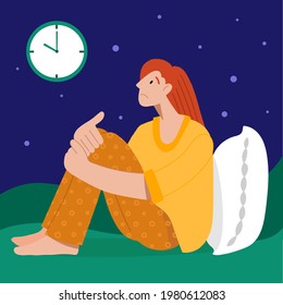 Insomnia. The woman cannot sleep. Female character suffers from insomnia. Sleep disorder, sleeplessness concept.