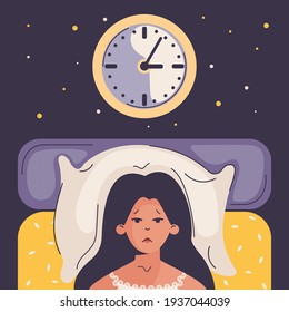 Insomnia woman. Girl lying in bed, trying to fall asleep in room with clock. Female character suffers from insomnia. Sleep disorder, sleeplessness concept. Vector illustration in flat cartoon design