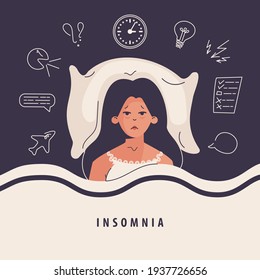 Insomnia woman. Girl lying in bed, trying to fall asleep in room with clock. Female character suffers from insomnia. Sleep disorder, sleeplessness concept. Vector illustration in flat cartoon design