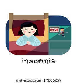 Insomnia. The woman is lying in bed and can't sleep. The woman looks at watch. Late night. Sleeping problem. Concept of psychological problems.