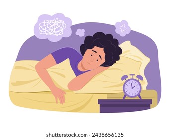 Insomnia Woman Lying in Bed with Feeling of Stress for Sleepless Concept Illustration