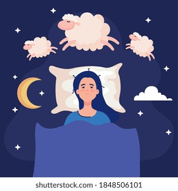 insomnia woman on bed with sheeps design, sleep and night theme Vector illustration