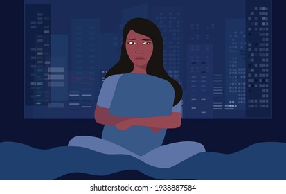 Insomnia woman sitting on bed at night vector illustration. Sleepless woman suffering from insomnia and depression concept