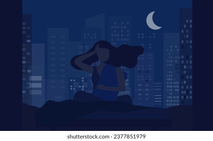 Insomnia woman sitting on bed at night vector illustration. Sleepless woman suffering from insomnia and depression concept
