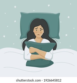 Mujer insomnio. Mujer sin dormir que sufre de insomnio. Cansada y exhausta Mujer en cama con los ojos abiertos en la habitación de noche de la oscuridad. Persona frustrada con problemas.  Ilustración vectorial plana.