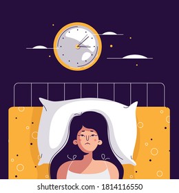 Insomnia woman. Unhappy, sad, tired girl lying in bed, trying to fall asleep. Female character suffers from insomnia. Sleep disorder, sleeplessness concept. Vector illustration in flat cartoon design