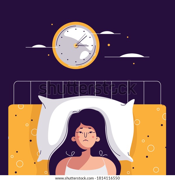Insomnia woman. Unhappy, sad, tired girl lying in\
bed, trying to fall asleep. Female character suffers from insomnia.\
Sleep disorder, sleeplessness concept. Vector illustration in flat\
cartoon design