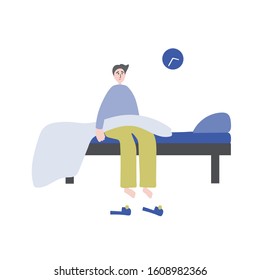 Insomnia. The young man woke up and can't sleep. Vector illustration on a white background.