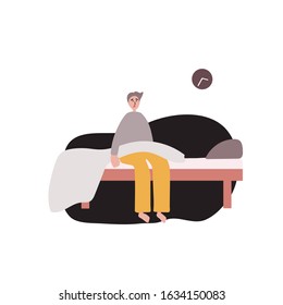 Insomnia. The young man woke up and can't sleep. Vector illustration  on a white background.