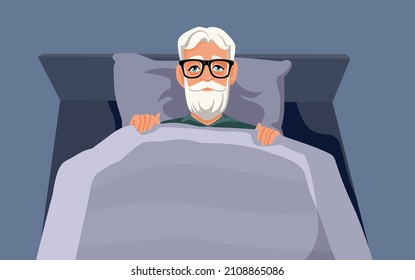 

Insomniac Elderly Man Sitting in Bed Vector Illustration. Old person suffering from insomnia sick from terminal disease 
