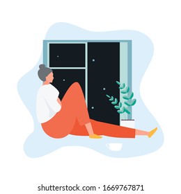 Insomniac girl sitting by the window. Sleep Disorders Vector Illustration