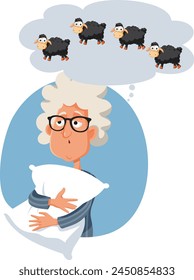 
Insomniac Senior Lady Counting Sheep Vector Cartoon Illustration
Sad tired granny feeling unwell suffering from insomnia 
