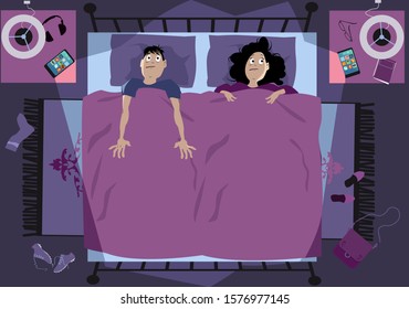 Insomniac young couple laying in bed late at night destructed by their smart-phones, EPS 8 vector illustration