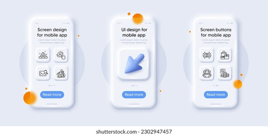 Inspect, Ab testing and Salary line icons pack. 3d phone mockups with cursor. Glass smartphone screen. Search mail, Construction bricks, Shopping web icon. Group, Bitcoin system pictogram. Vector