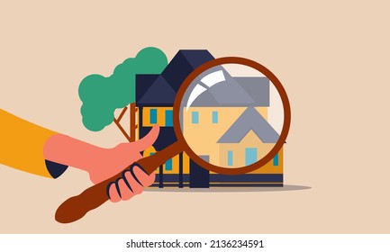 Inspect accommodation and house inspector with valuation. Home property and acquisition mortgage vector illustration concept. Magnifying glass with maintenance rental search. Services real estate