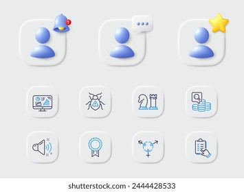 Inspect, Analytics graph and Software bug line icons. Placeholder with 3d star, reminder bell, chat. Pack of Loud sound, Genders, Checklist icon. Reward, Chess pictogram. For web app, printing. Vector