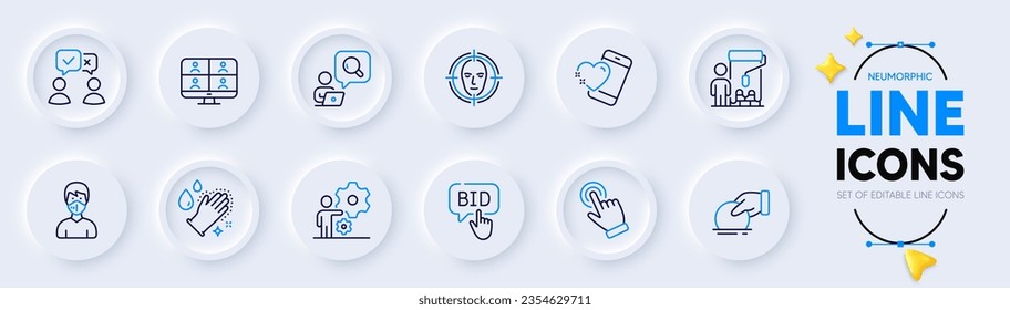 Inspect, Bid offer and Medical mask line icons for web app. Pack of Heart, Donate, Video conference pictogram icons. Painter, Job, People voting signs. Washing hands, Cursor, Face detect. Vector