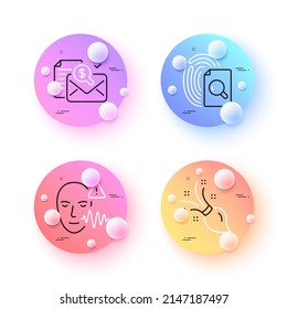 Inspect, Brush and Voice wave minimal line icons. 3d spheres or balls buttons. Accounting report icons. For web, application, printing. Search document, Art brush, Face access. Check finance. Vector