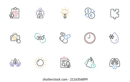 Inspect, Capsule pill and Puzzle line icons for website, printing. Collection of 360 degree, Chemistry lab, Organic tested icons. Sunny weather, Currency exchange, Time management web elements. Vector