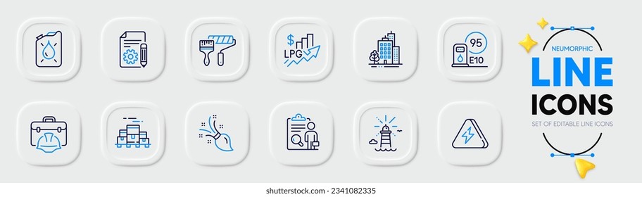 Inspect, Construction toolbox and Lighthouse line icons for web app. Pack of Buildings, Petrol station, Boxes pallet pictogram icons. Lightning bolt, Documentation, Brush signs. Vector