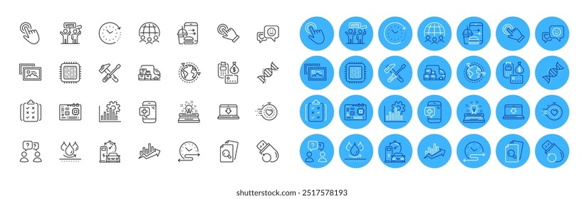 Paquete de iconos de línea de inspección, cursor y programación de tiempo. Gráfico de Seo, gesto de pantalla táctil, icono de Web de pago. Campaña de votación, Negocios globales, Pictograma de sonrisa. Regla, teléfono médico, memoria Flash. Vector