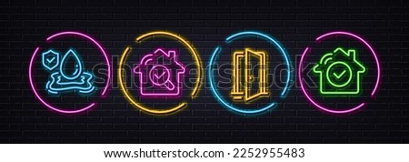 Inspect, Flood insurance and Open door minimal line icons. Neon laser 3d lights. House security icons. For web, application, printing. Search building, Full coverage, Entrance. Smart home. Vector