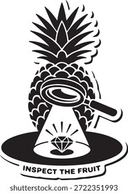 Inspeccione el logotipo de la fruta con piña y lupa