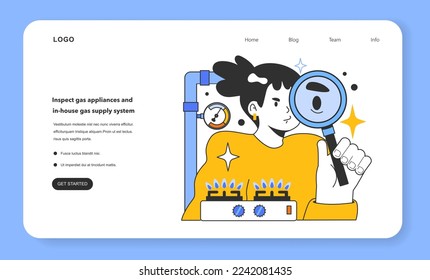 Untersuchen Sie Gasgeräte und hauseigene Gasversorgungssysteme, um sich bei der Verwendung von Gasgeräten-Webbanner oder Landepage zu schützen. Erkennung von Gaslecks oder Gasfehlern Flache Vektorgrafik