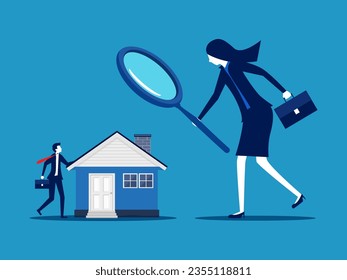 Inspect the house. Businesswoman boss uses a magnifying glass to inspect the house